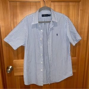 RALPH LAUREN Seersucker Short
Sleeve Button Down Shirt, blue and white